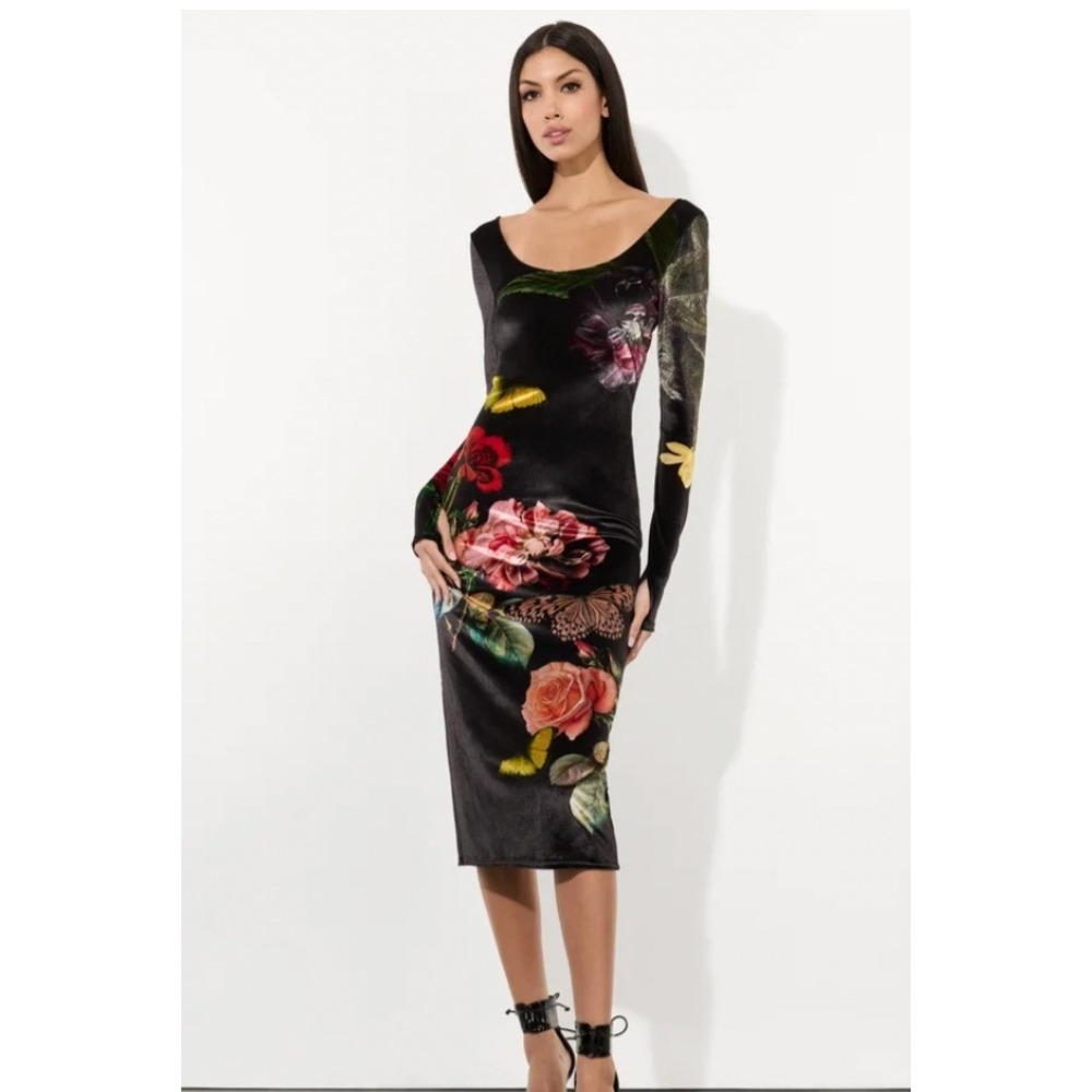 Alice + Olivia Black Delora Velvet Midi Dress | In The Wind Floral | Size 2